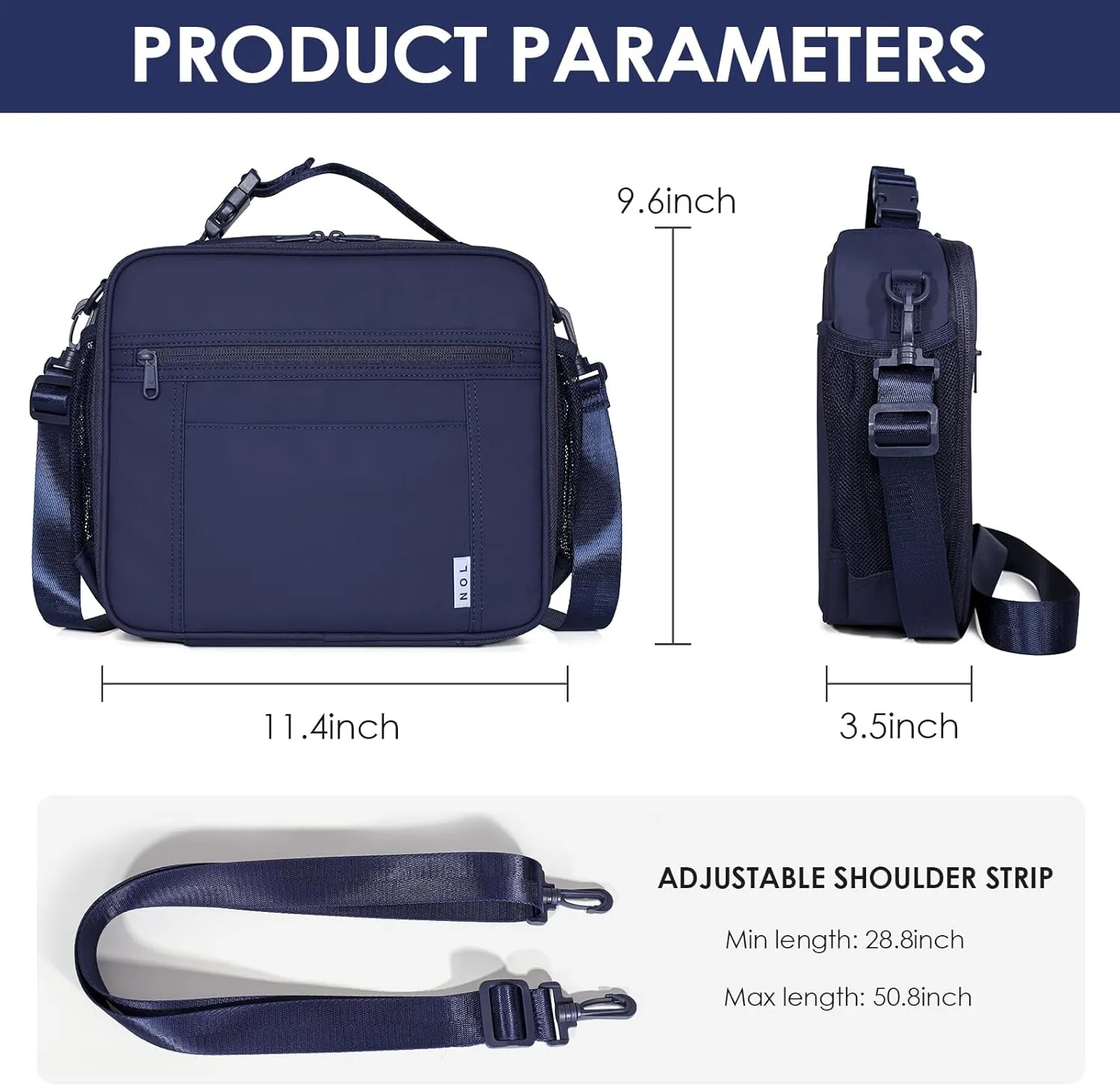 NOL Kids Lunch Bag - Kids 3  Reusable Insulated Lunch Box with Zipper Closure Buckle Handle Adjustable Long Shoulder Strap, Easy-Clean Waterproof Fabric, Children Lunch Tote Bag for School - Navy blue