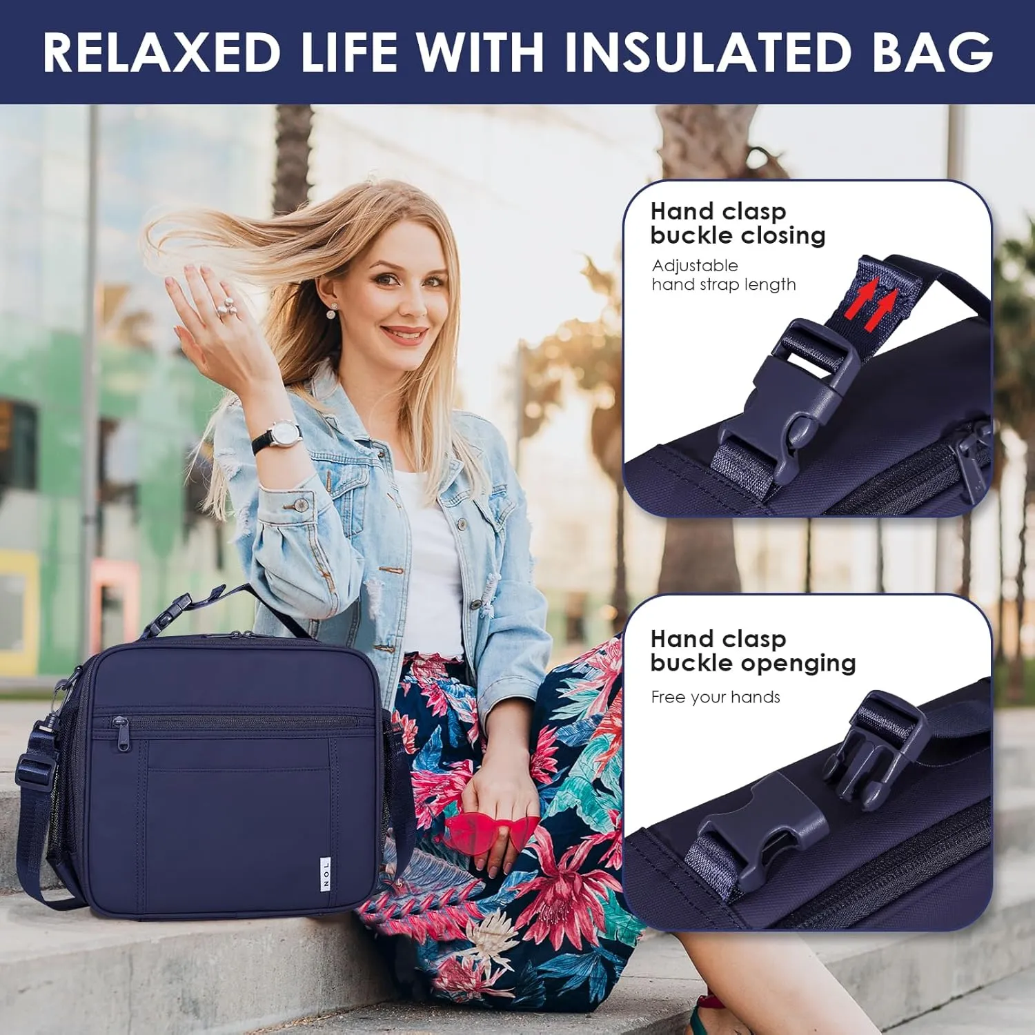NOL Kids Lunch Bag - Kids 3  Reusable Insulated Lunch Box with Zipper Closure Buckle Handle Adjustable Long Shoulder Strap, Easy-Clean Waterproof Fabric, Children Lunch Tote Bag for School - Navy blue