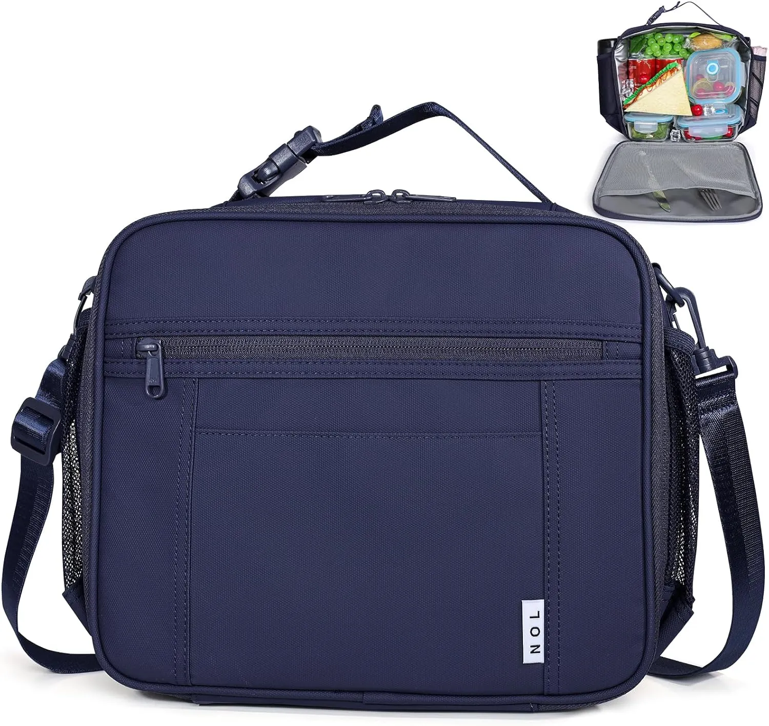 NOL Kids Lunch Bag - Kids 3  Reusable Insulated Lunch Box with Zipper Closure Buckle Handle Adjustable Long Shoulder Strap, Easy-Clean Waterproof Fabric, Children Lunch Tote Bag for School - Navy blue