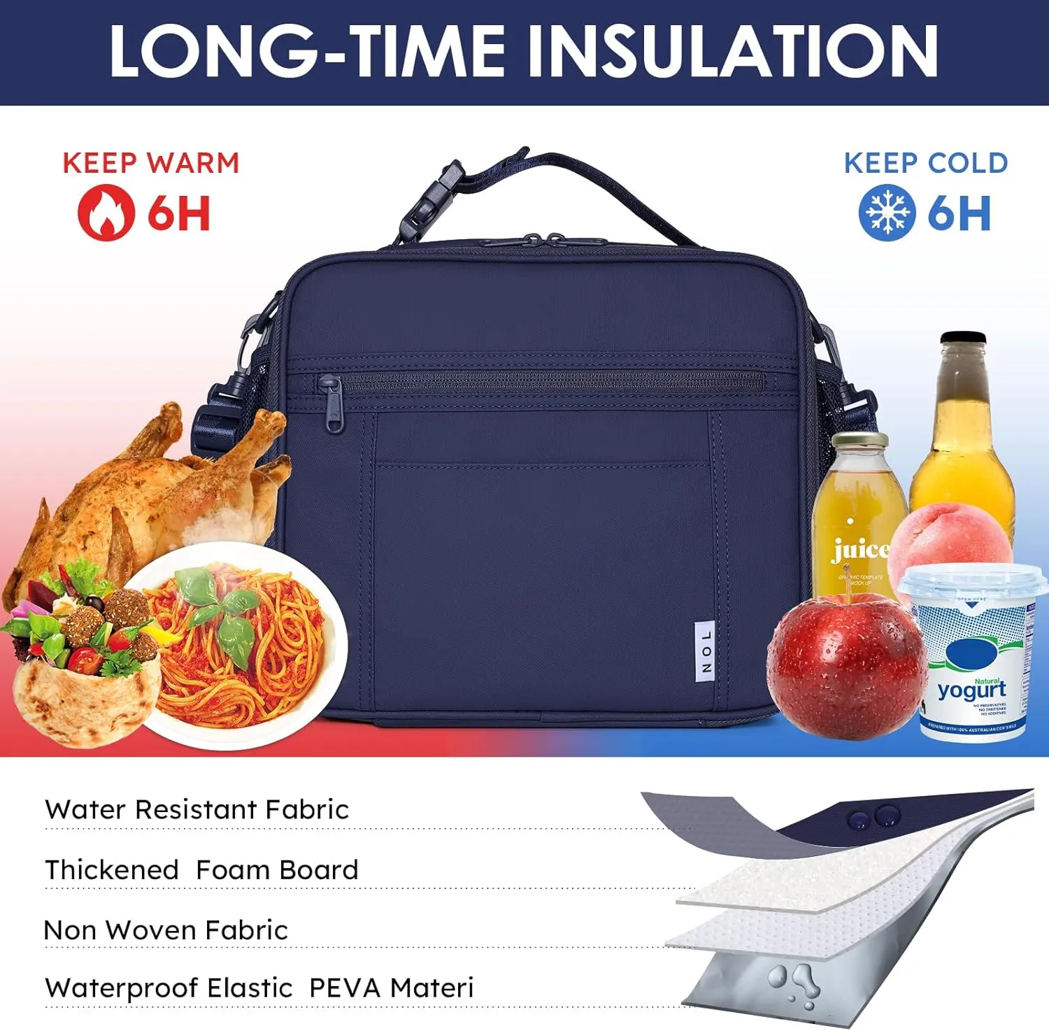 NOL Kids Lunch Bag - Kids 3  Reusable Insulated Lunch Box with Zipper Closure Buckle Handle Adjustable Long Shoulder Strap, Easy-Clean Waterproof Fabric, Children Lunch Tote Bag for School - Navy blue