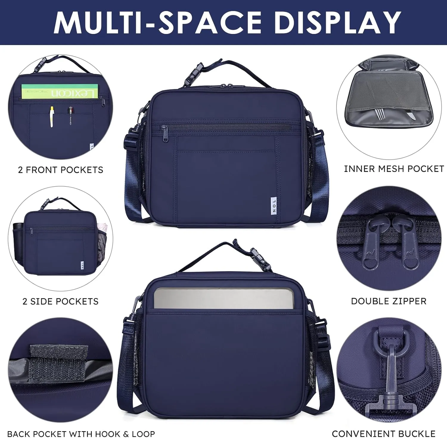NOL Kids Lunch Bag - Kids 3  Reusable Insulated Lunch Box with Zipper Closure Buckle Handle Adjustable Long Shoulder Strap, Easy-Clean Waterproof Fabric, Children Lunch Tote Bag for School - Navy blue