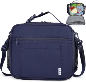 NOL Kids Lunch Bag - Kids 3  Reusable Insulated Lunch Box with Zipper Closure Buckle Handle Adjustable Long Shoulder Strap, Easy-Clean Waterproof Fabric, Children Lunch Tote Bag for School - Navy blue