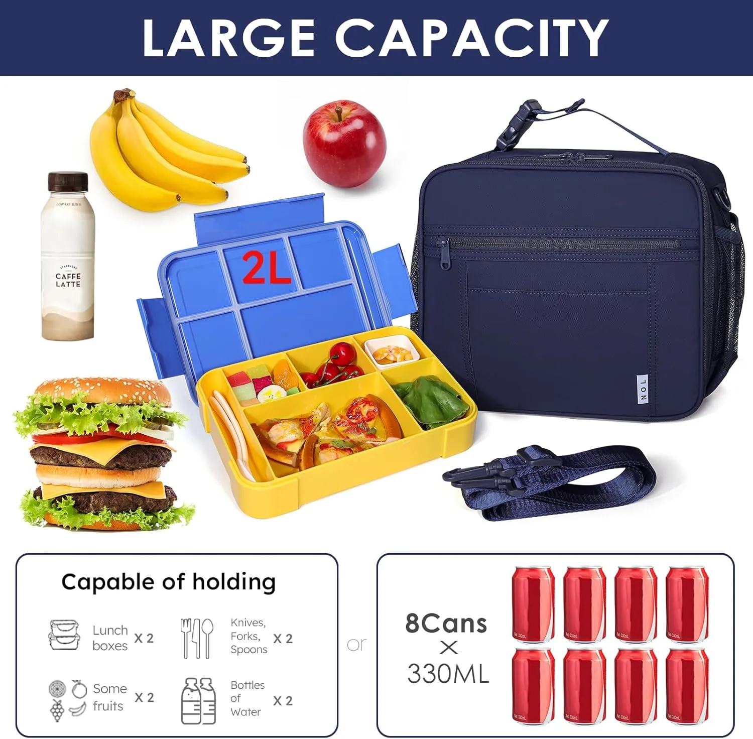 NOL Kids Lunch Bag - Kids 3  Reusable Insulated Lunch Box with Zipper Closure Buckle Handle Adjustable Long Shoulder Strap, Easy-Clean Waterproof Fabric, Children Lunch Tote Bag for School - Navy blue
