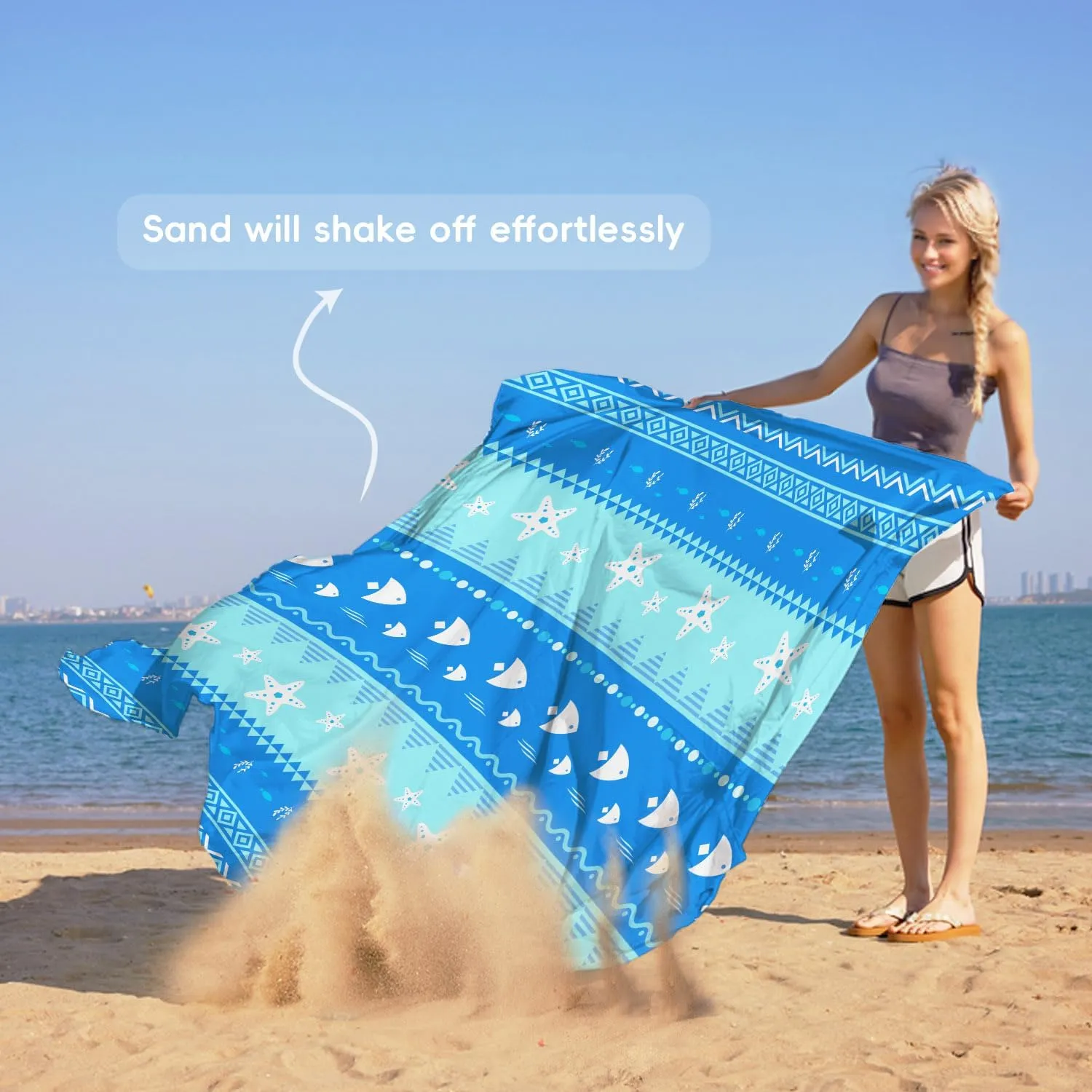 Ocean Beach Blanket Sandproof Waterproof Extra Large for 1-8 Adults Size 110"x118" with Ground Mails,Pouch Bag, Anti Sand,Skin Friendly Machine Washable Outdoor Blanket