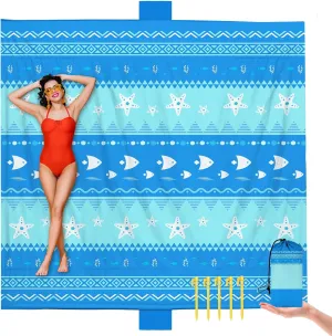Ocean Beach Blanket Sandproof Waterproof Extra Large for 1-8 Adults Size 110"x118" with Ground Mails,Pouch Bag, Anti Sand,Skin Friendly Machine Washable Outdoor Blanket