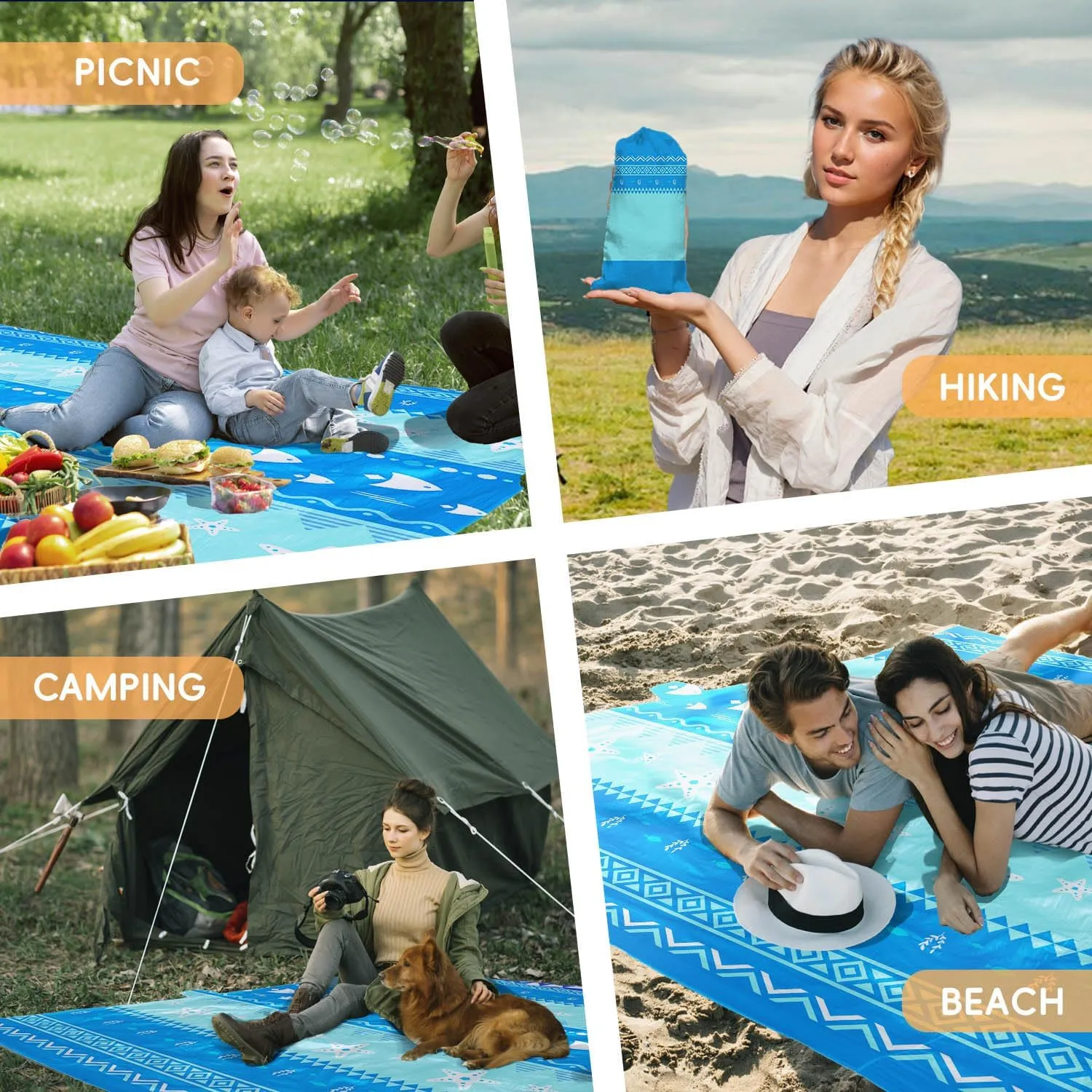 Ocean Beach Blanket Sandproof Waterproof Extra Large for 1-8 Adults Size 110"x118" with Ground Mails,Pouch Bag, Anti Sand,Skin Friendly Machine Washable Outdoor Blanket