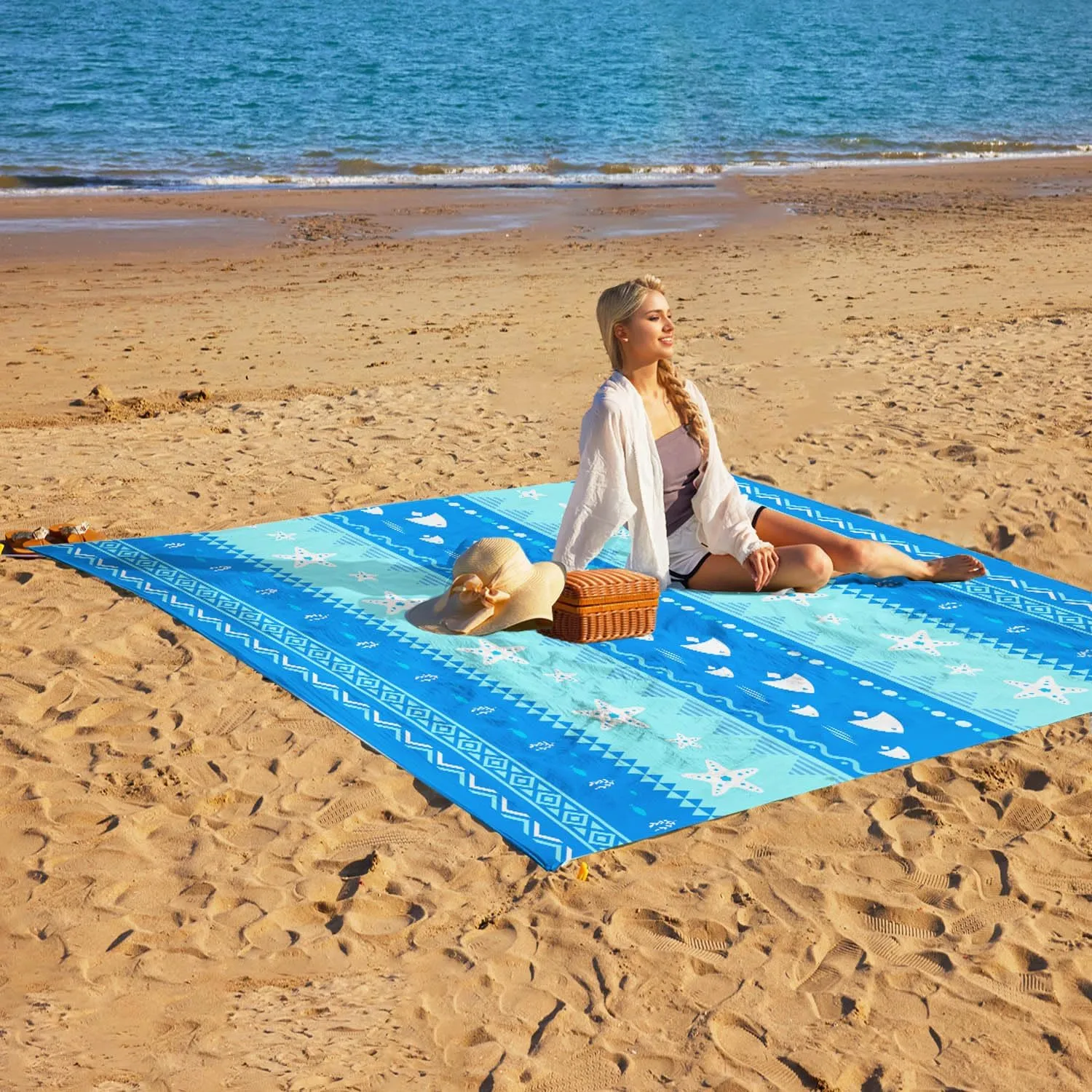 Ocean Beach Blanket Sandproof Waterproof Extra Large for 1-8 Adults Size 110"x118" with Ground Mails,Pouch Bag, Anti Sand,Skin Friendly Machine Washable Outdoor Blanket