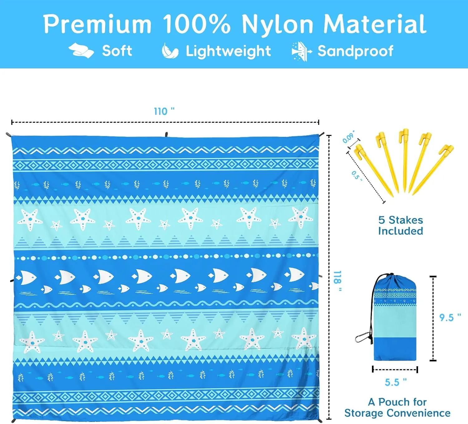 Ocean Beach Blanket Sandproof Waterproof Extra Large for 1-8 Adults Size 110"x118" with Ground Mails,Pouch Bag, Anti Sand,Skin Friendly Machine Washable Outdoor Blanket