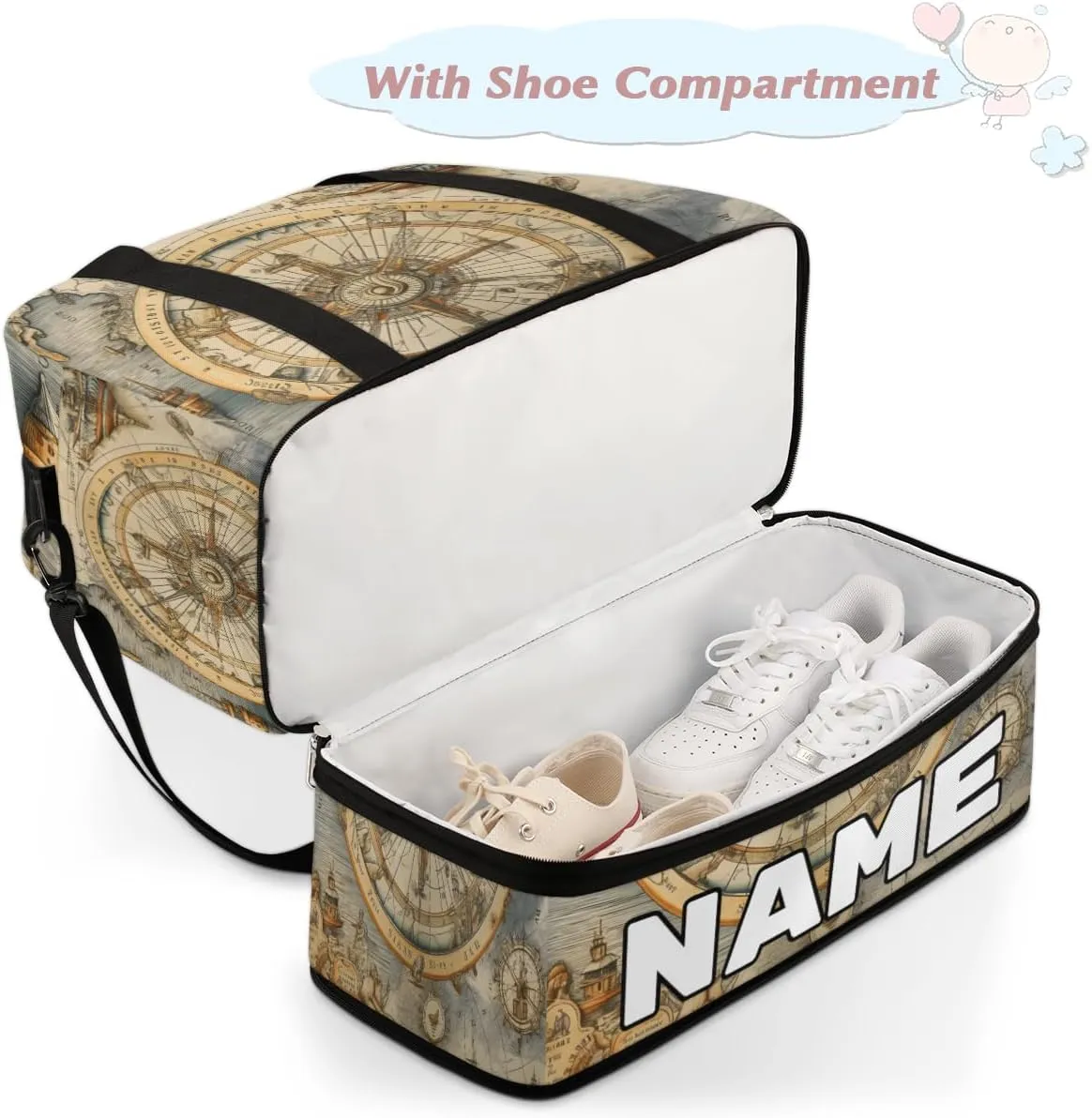 Ocean Compass Custom Foldable Duffle Bag with Shoes Compartment Personalized Large Capacity Waterproof Travel Weekender Bag Overnight Bag for Sports Gym