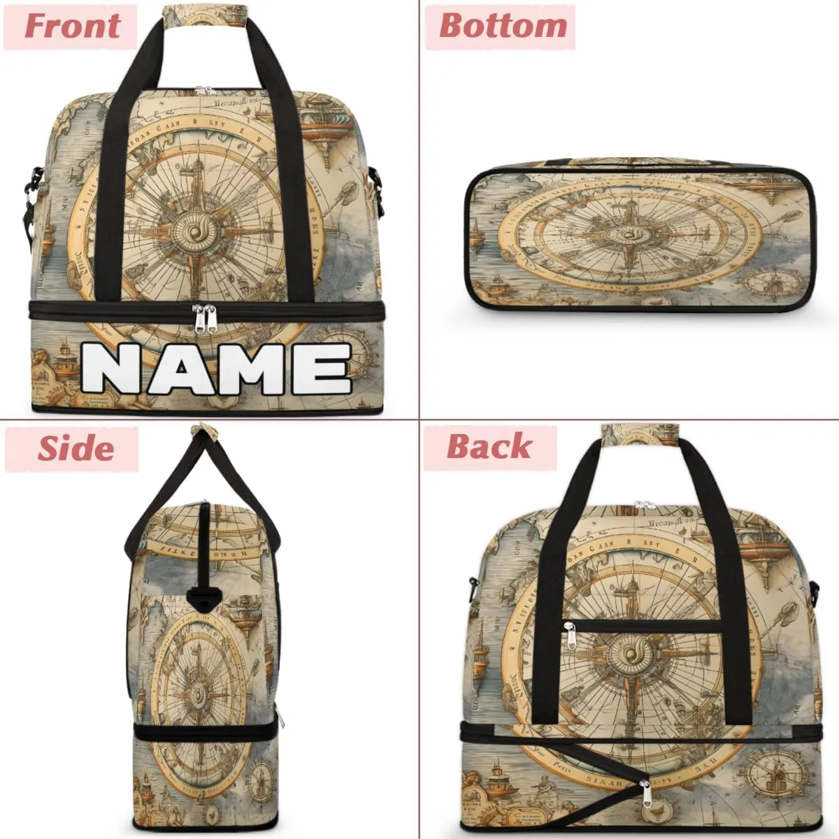 Ocean Compass Custom Foldable Duffle Bag with Shoes Compartment Personalized Large Capacity Waterproof Travel Weekender Bag Overnight Bag for Sports Gym