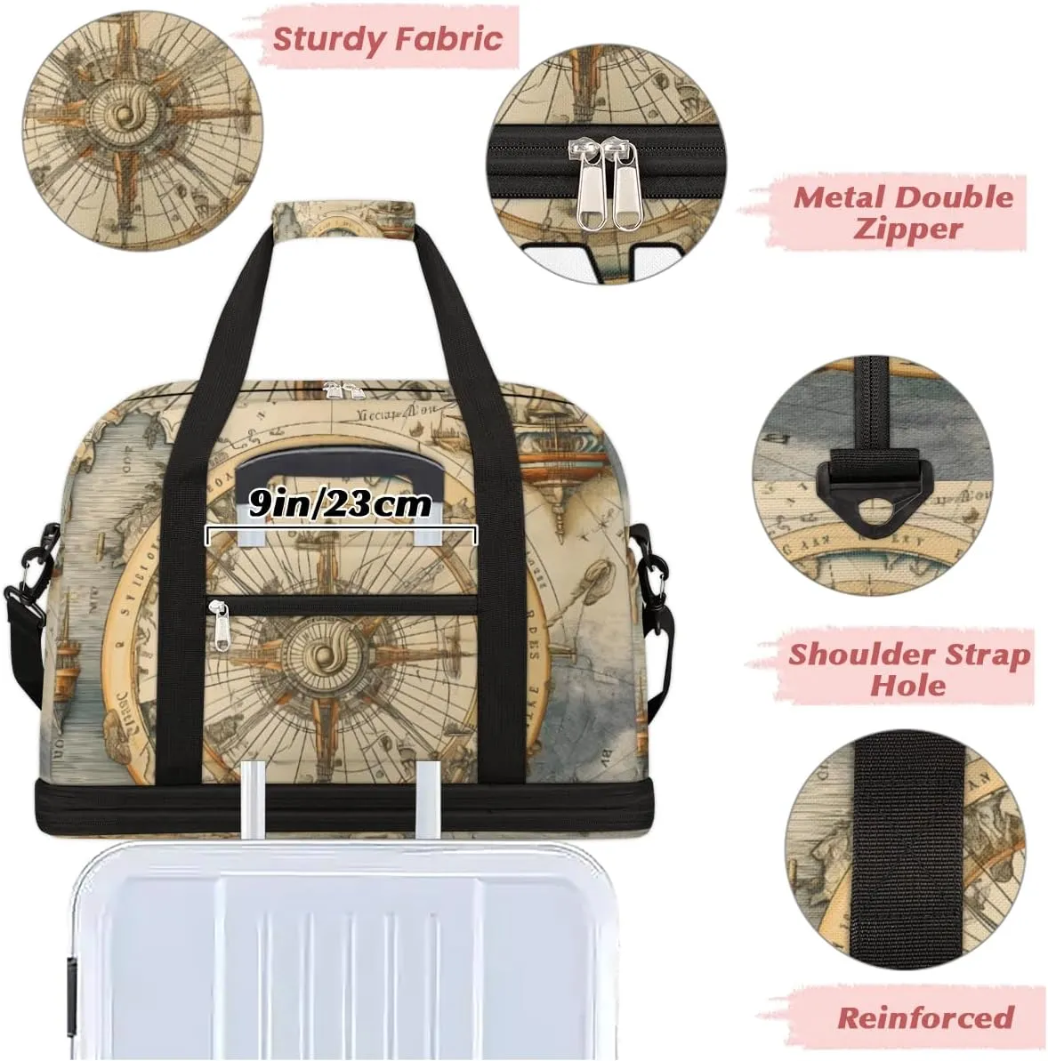 Ocean Compass Custom Foldable Duffle Bag with Shoes Compartment Personalized Large Capacity Waterproof Travel Weekender Bag Overnight Bag for Sports Gym