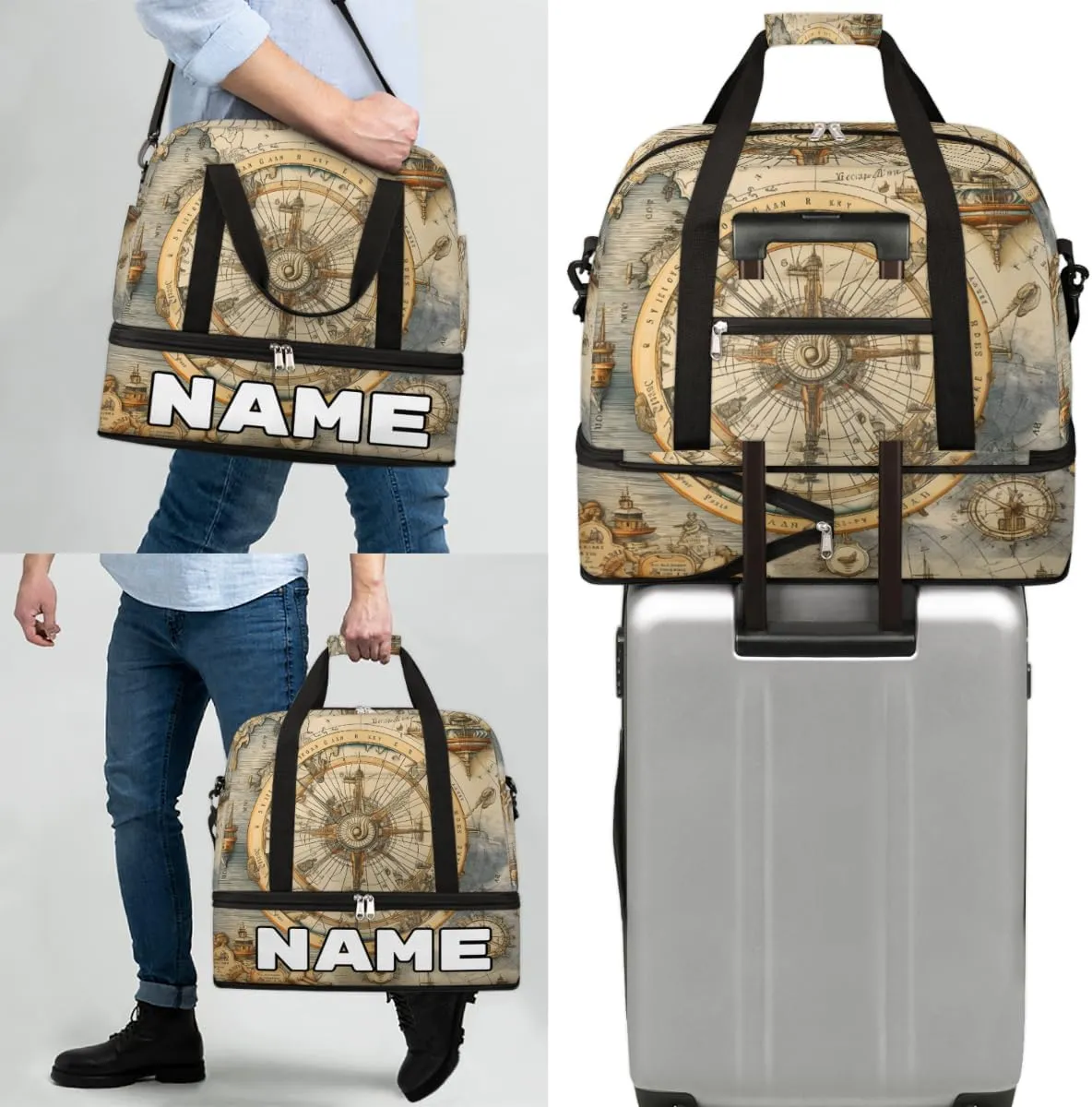 Ocean Compass Custom Foldable Duffle Bag with Shoes Compartment Personalized Large Capacity Waterproof Travel Weekender Bag Overnight Bag for Sports Gym