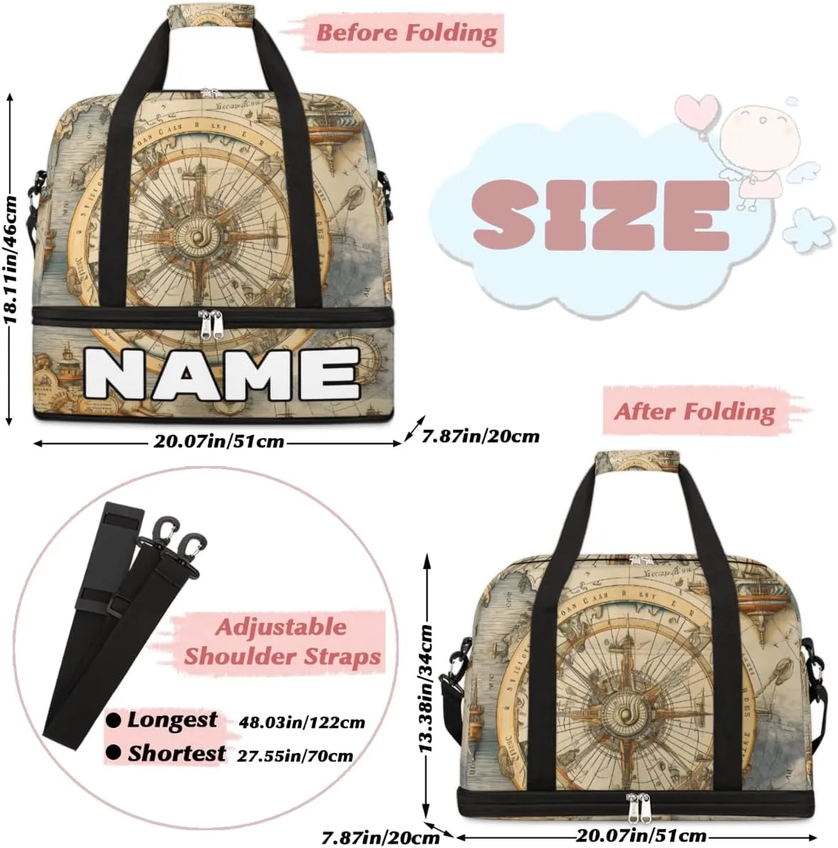 Ocean Compass Custom Foldable Duffle Bag with Shoes Compartment Personalized Large Capacity Waterproof Travel Weekender Bag Overnight Bag for Sports Gym