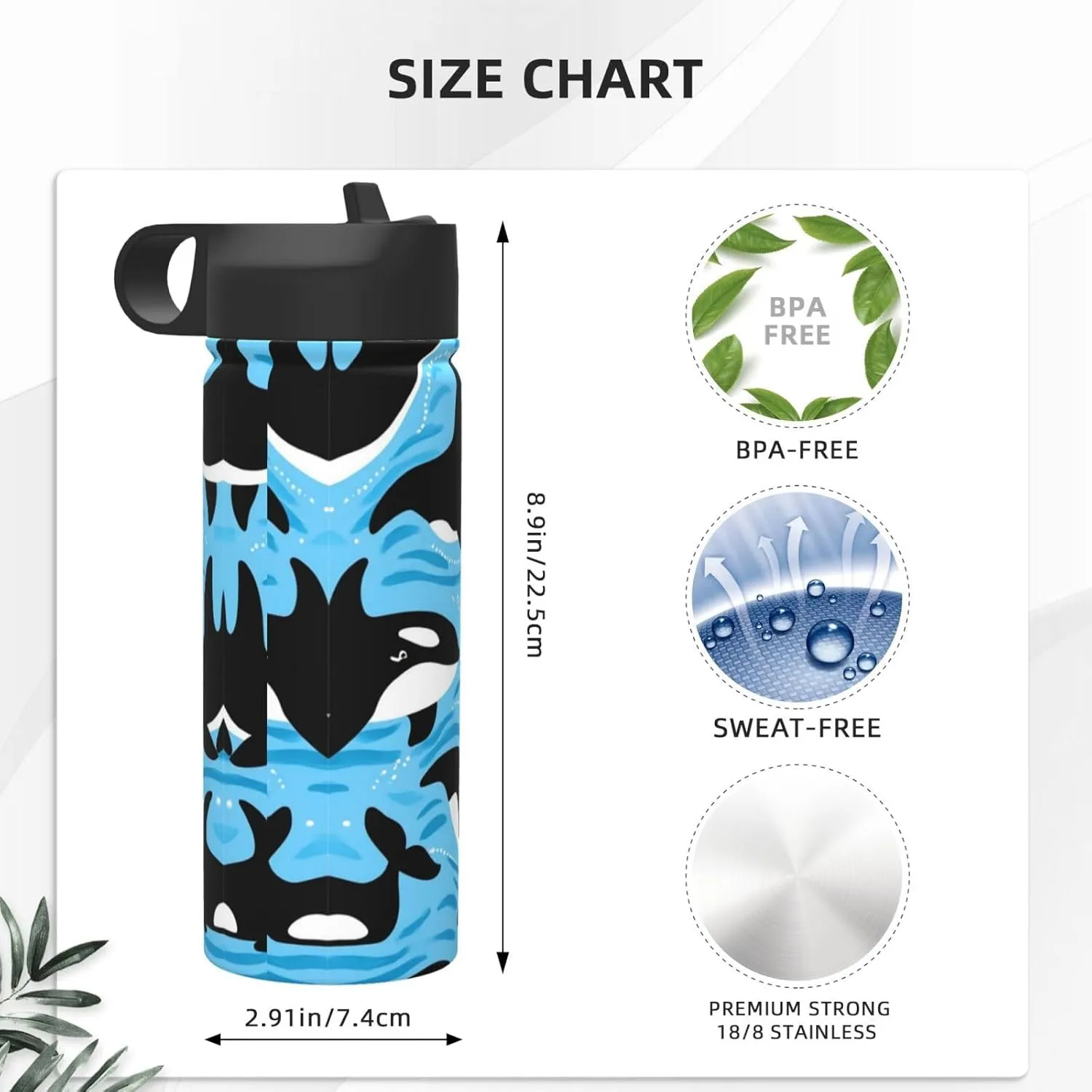 Ocean Orca Killer Whale 18oz Sports Insulated Kettle With Straw, Leakproof & BPA Free, Drinking Sports Water Bottle for Fitness, Gym & Outdoor