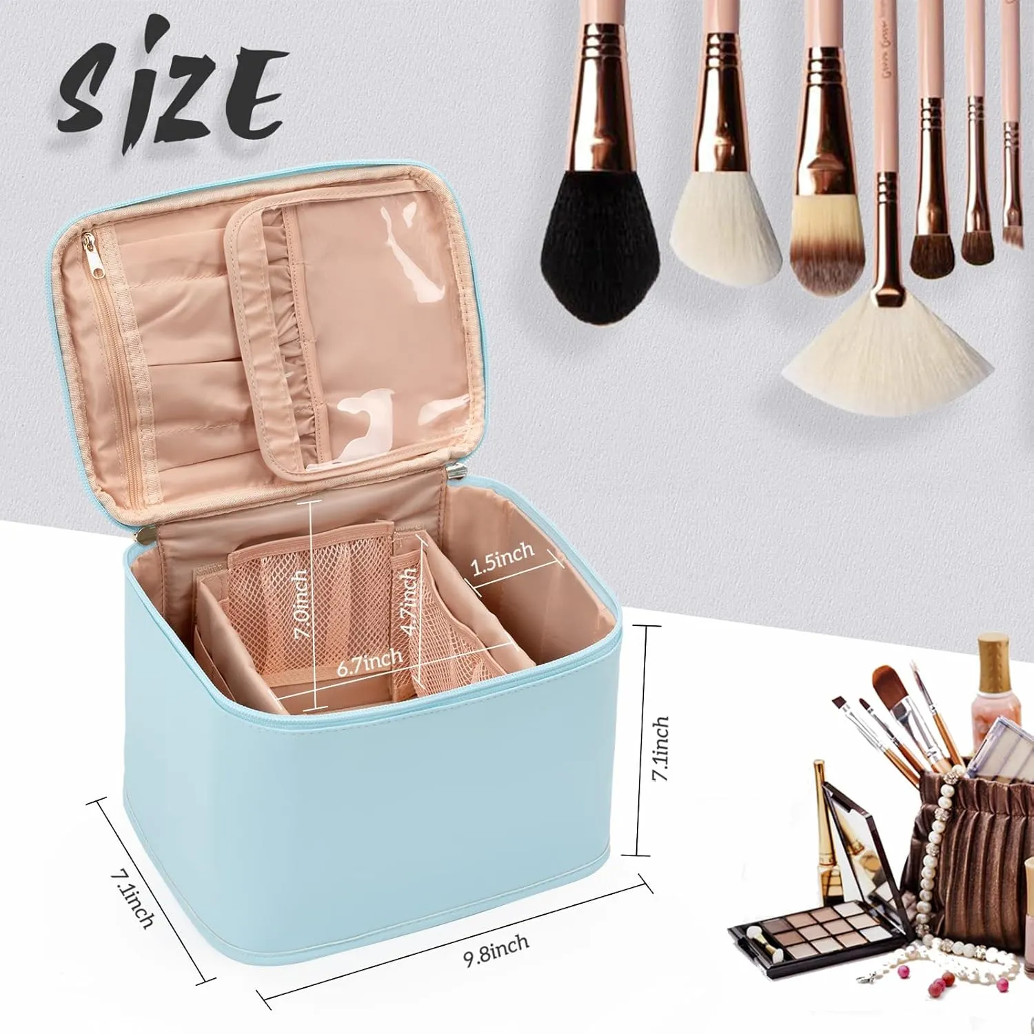 OCHEAL Makeup Bag,Large Travel Bag Organizer Cosmetic Bags for Women Washable Make Up Bag Makeup Organizer Case with Dividers - Large,Lake Blue