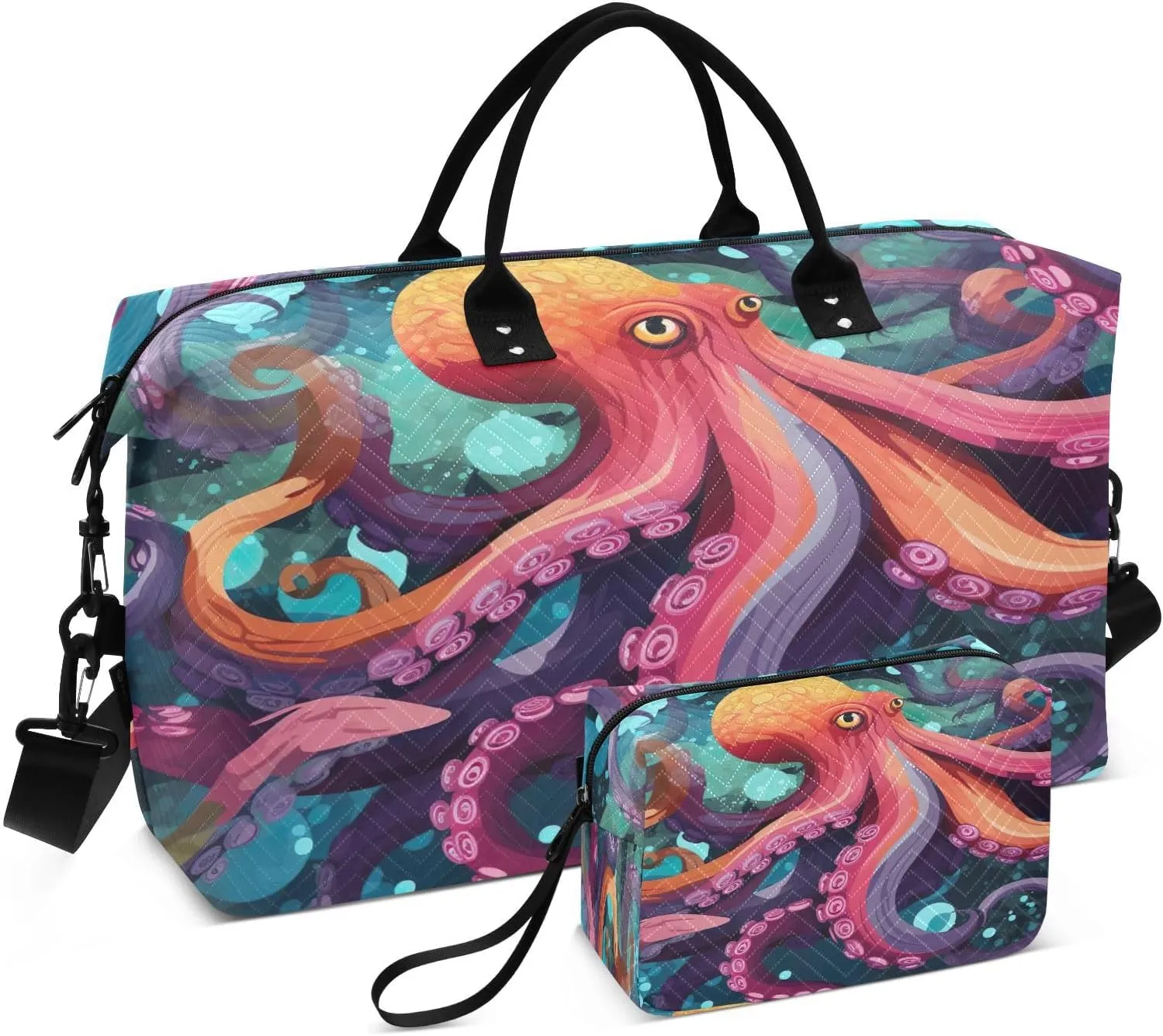 Octopus Watercolor Travel Duffel Bag with Toiletry Bag Weekender Bag for Carry on Sports Gym Bag for Weekend Travel Gym