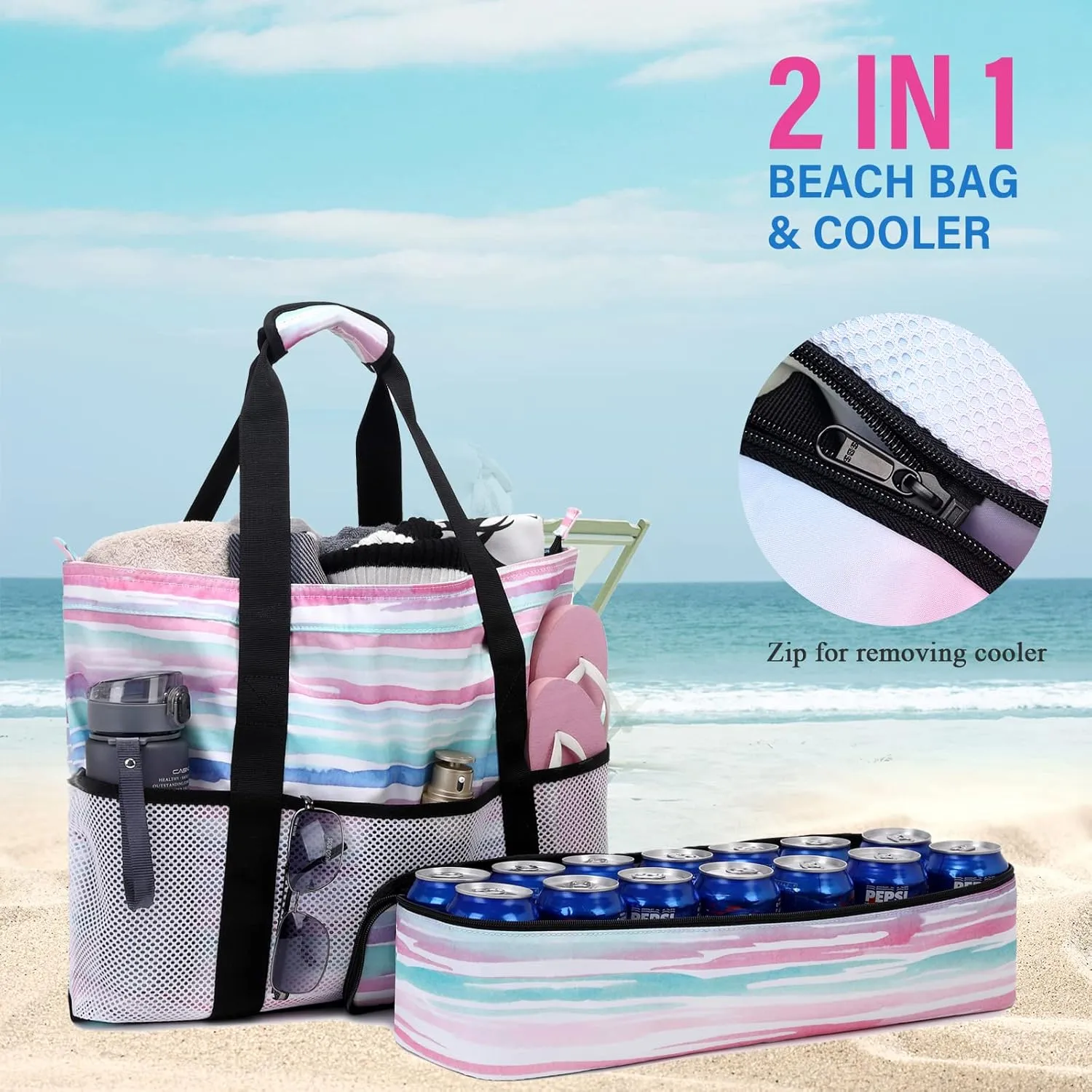 Octsky Beach Bags with Cooler Women Beach Tote Bag Waterproof Sandproof Zipper Large Pool Bag 9 Pockets