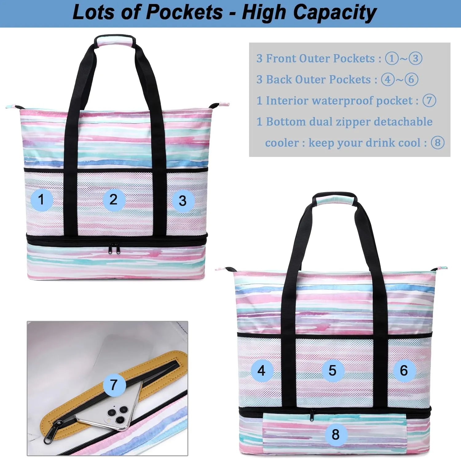 Octsky Beach Bags with Cooler Women Beach Tote Bag Waterproof Sandproof Zipper Large Pool Bag 9 Pockets