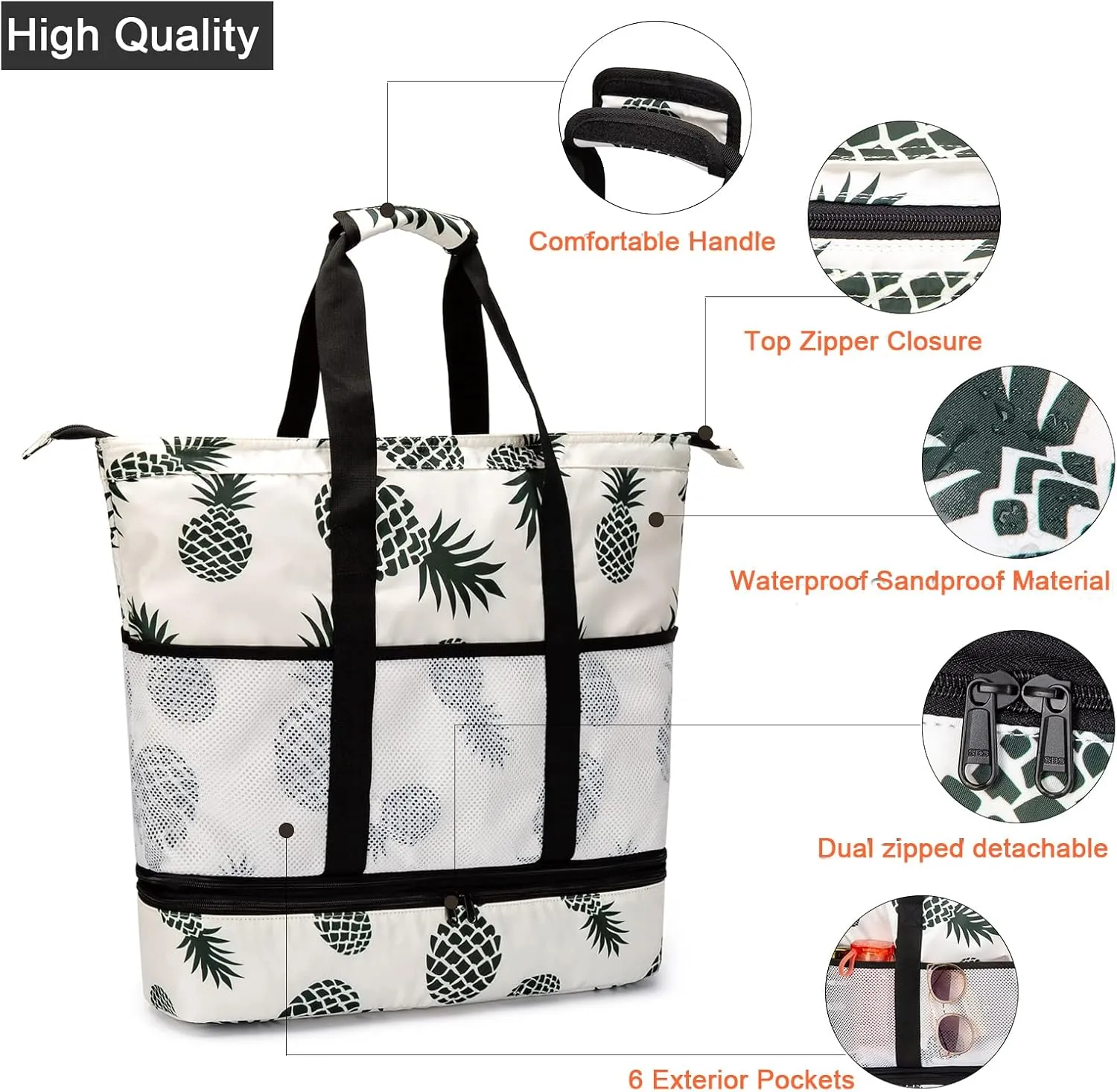 Octsky Beach Bags with Cooler Women Beach Tote Bag Waterproof Sandproof Zipper Large Pool Bag 9 Pockets