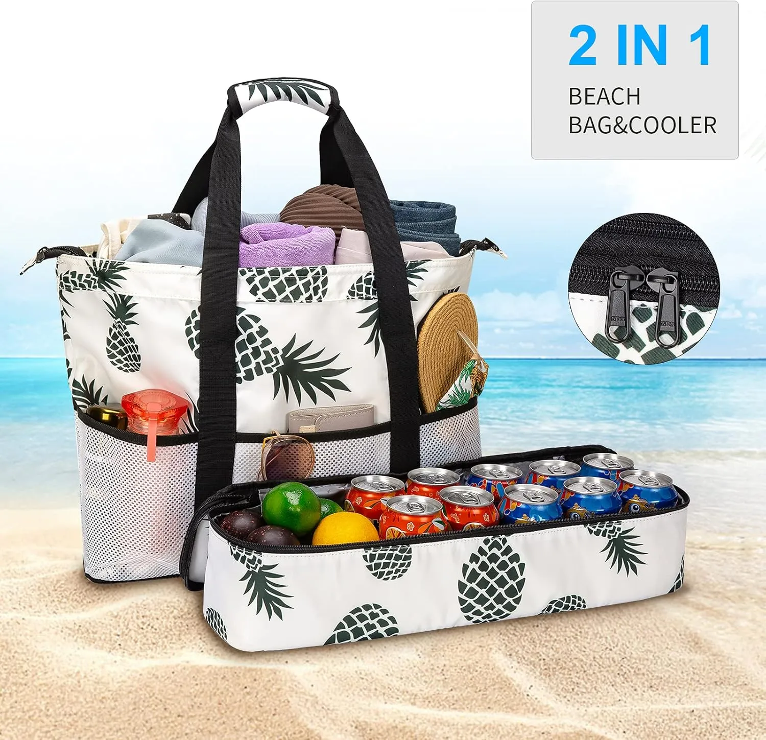 Octsky Beach Bags with Cooler Women Beach Tote Bag Waterproof Sandproof Zipper Large Pool Bag 9 Pockets