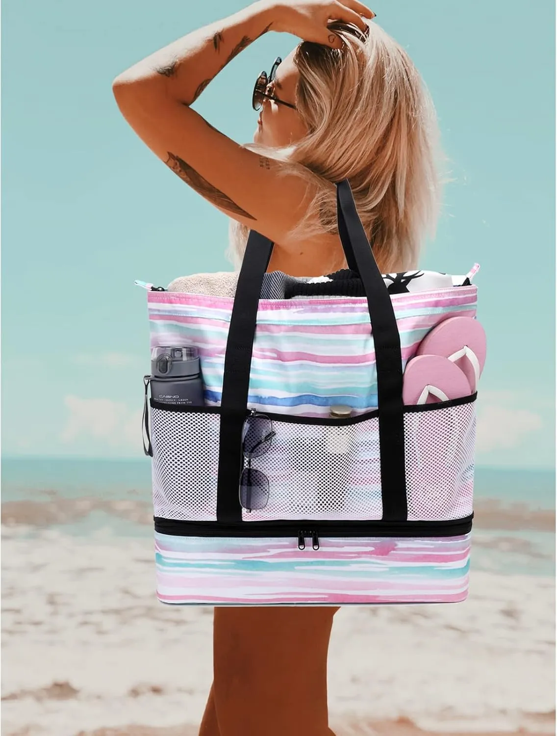 Octsky Beach Bags with Cooler Women Beach Tote Bag Waterproof Sandproof Zipper Large Pool Bag 9 Pockets