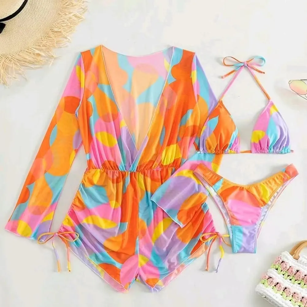 ODASDO Women's Sexy 3 Piece Swimsuits Halter Triangle Bikini Sets with Long Sleeve Mesh Cover Ups Romper Bathing Suits