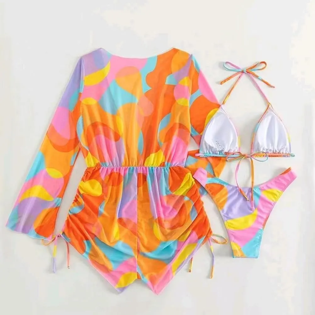 ODASDO Women's Sexy 3 Piece Swimsuits Halter Triangle Bikini Sets with Long Sleeve Mesh Cover Ups Romper Bathing Suits