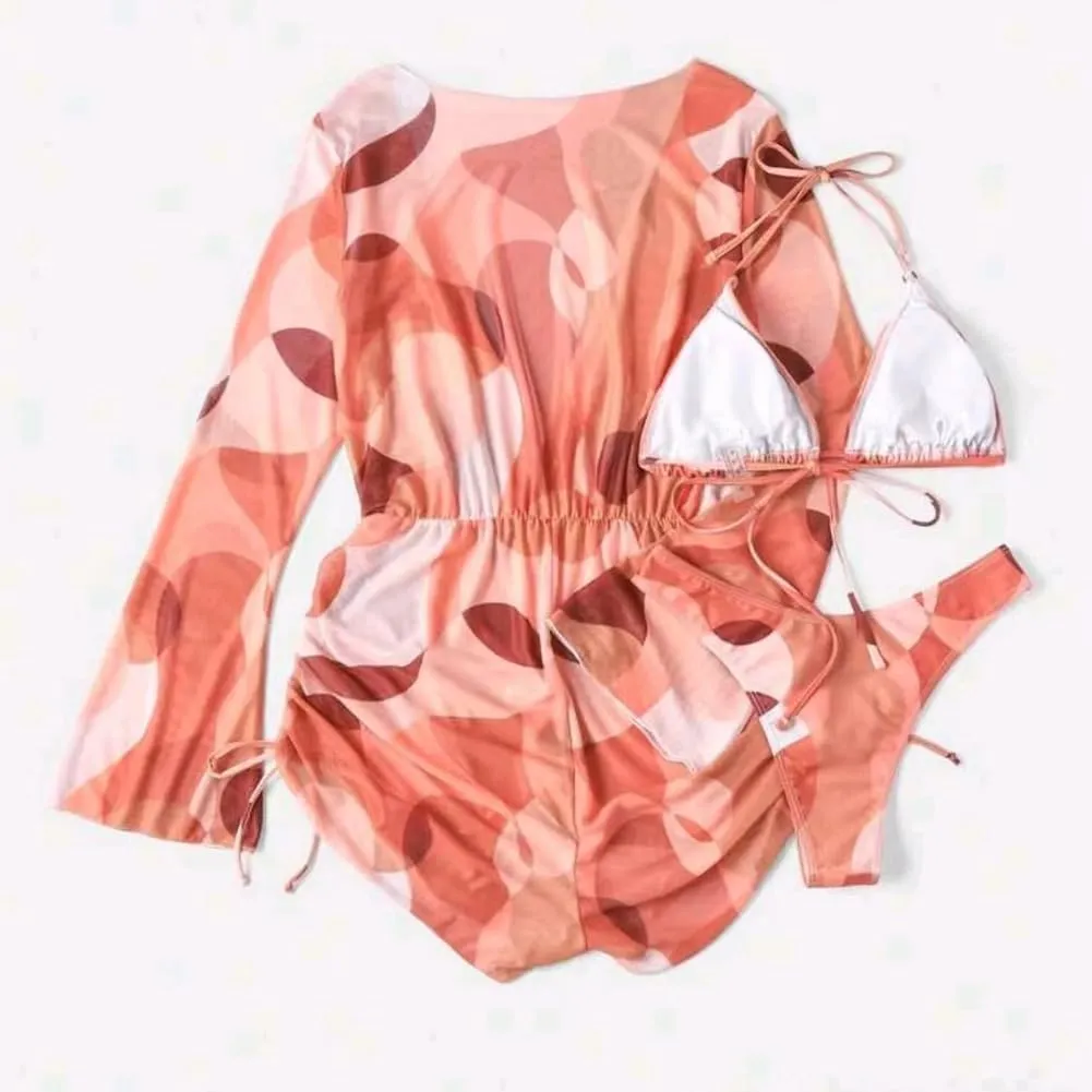 ODASDO Women's Sexy 3 Piece Swimsuits Halter Triangle Bikini Sets with Long Sleeve Mesh Cover Ups Romper Bathing Suits