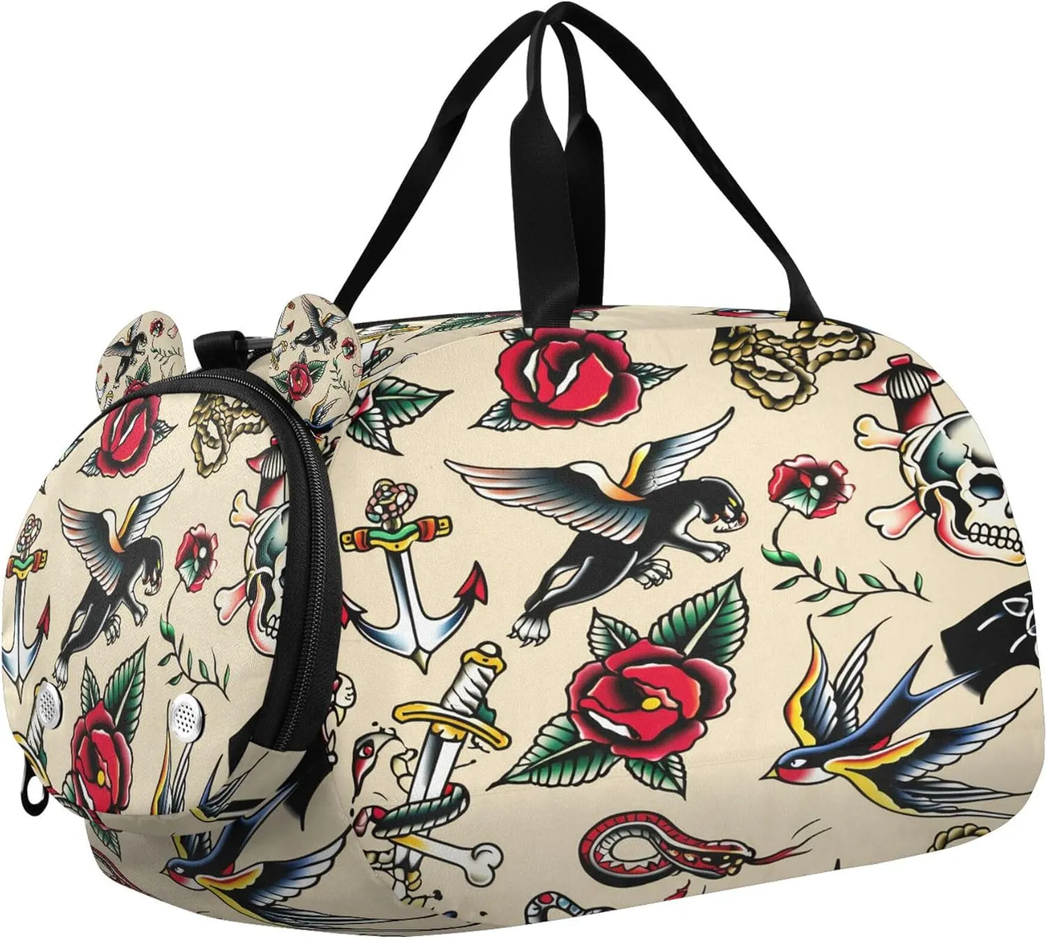 Old School Tattoo Youth Sports & Travel Duffle Bag with Shoe Compartment,Waterproof Gym Bag for Girls and Boys (Overnight Essentials Organizer)
