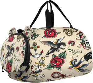 Old School Tattoo Youth Sports & Travel Duffle Bag with Shoe Compartment,Waterproof Gym Bag for Girls and Boys (Overnight Essentials Organizer)
