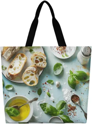 Olive Oil And Bread Tote Bag Large Women Casual Shoulder Bag Reusable Grocery Bag Fasion Handbag for Office Shopping Travel