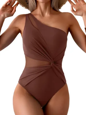 One Shoulder One Piecce Swimsuit for Women Mesh Tummy Control Bathing Suit Twist Swimwear
