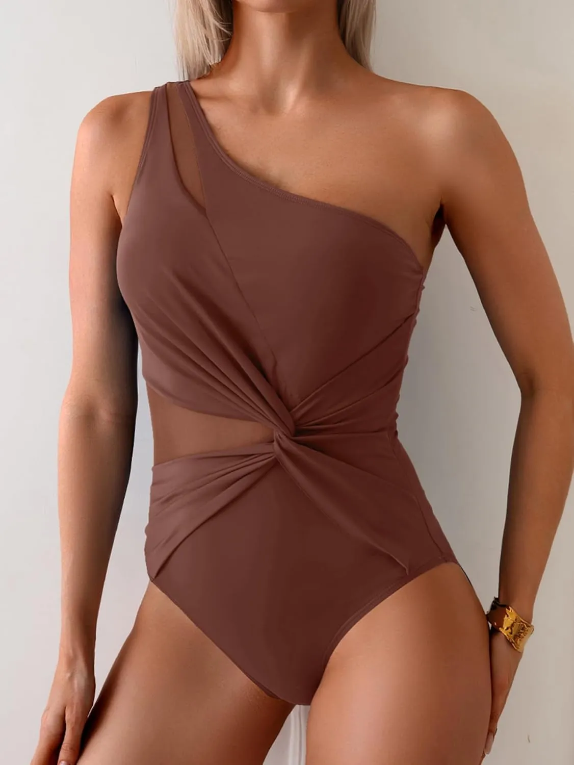 One Shoulder One Piecce Swimsuit for Women Mesh Tummy Control Bathing Suit Twist Swimwear