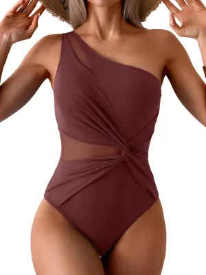 One Shoulder One Piece Swimsuit for Women Mesh Tummy Control Bathing Suit Twist Swimwear