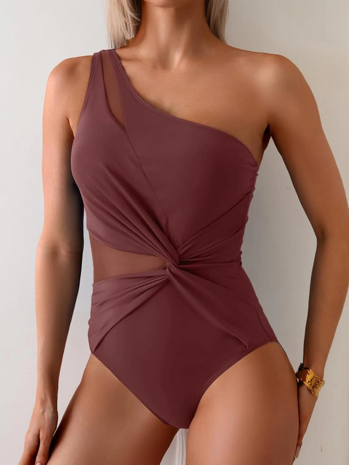 One Shoulder One Piece Swimsuit for Women Mesh Tummy Control Bathing Suit Twist Swimwear