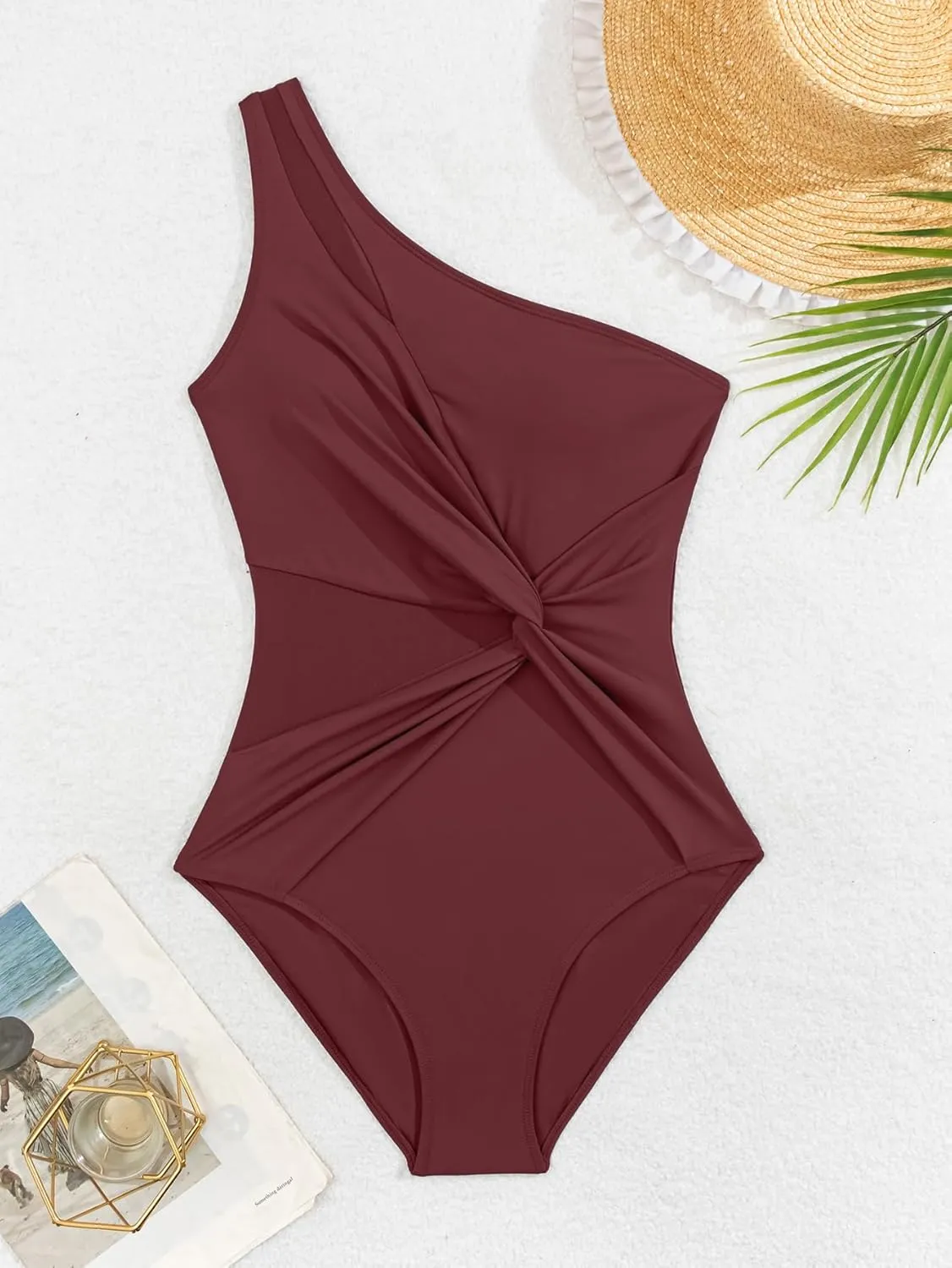 One Shoulder One Piece Swimsuit for Women Mesh Tummy Control Bathing Suit Twist Swimwear