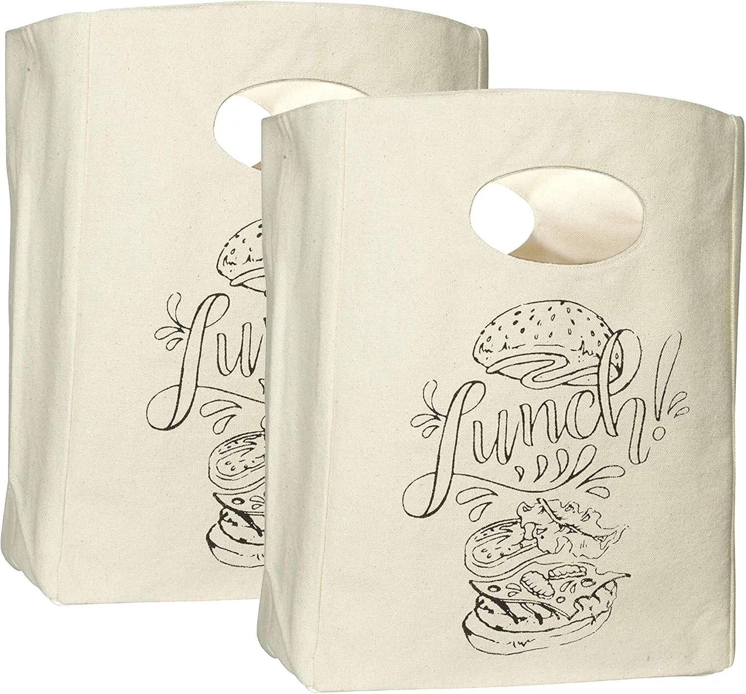 Organic Cotton Canvas Lunch Bag - Eco Friendly & Machine Washable | Perfect for Men, Women & Kids - Easy to Clean Water Resistant (White with Black Print - 2 Pack)