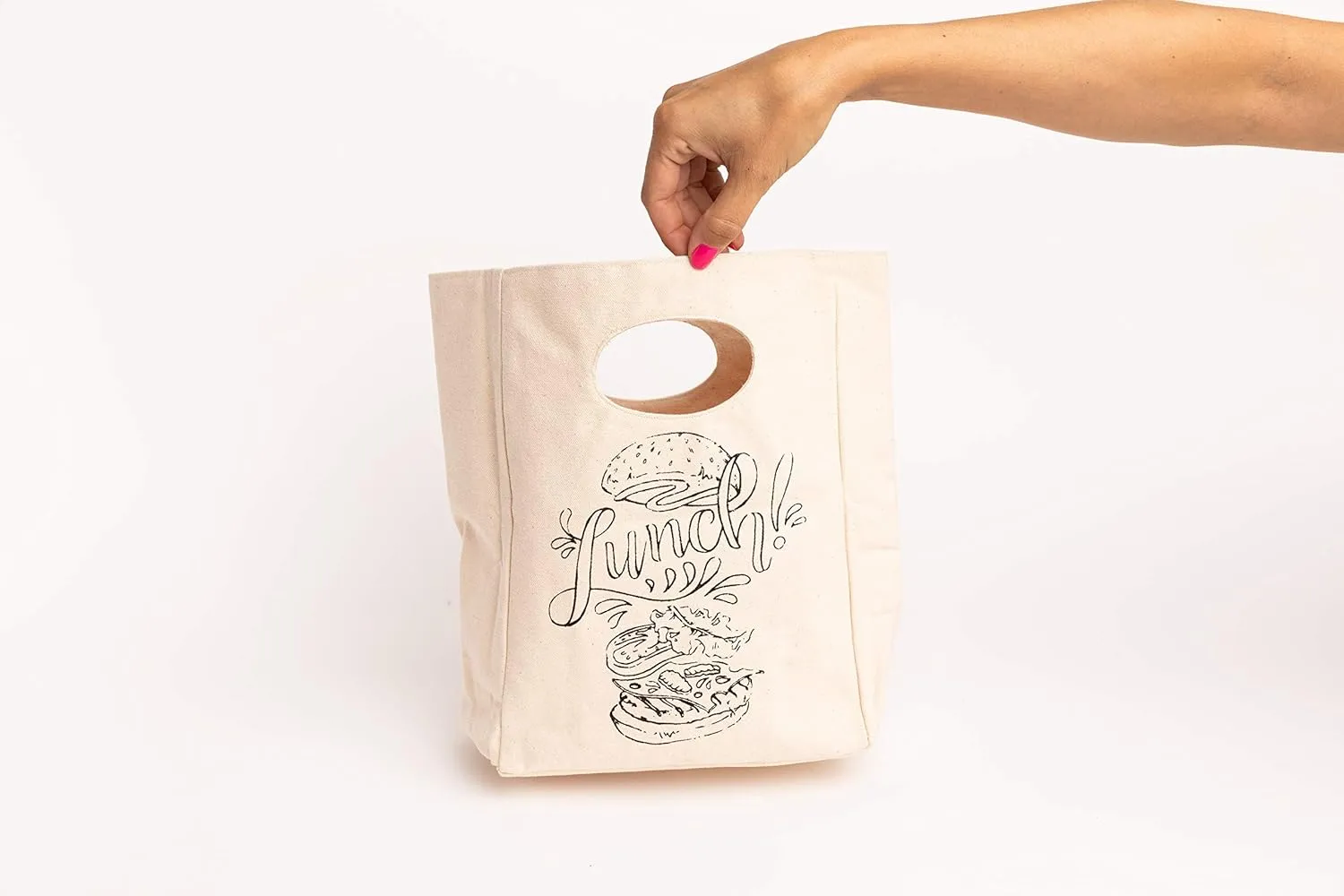 Organic Cotton Canvas Lunch Bag - Eco Friendly & Machine Washable | Perfect for Men, Women & Kids - Easy to Clean Water Resistant (White with Black Print - 2 Pack)