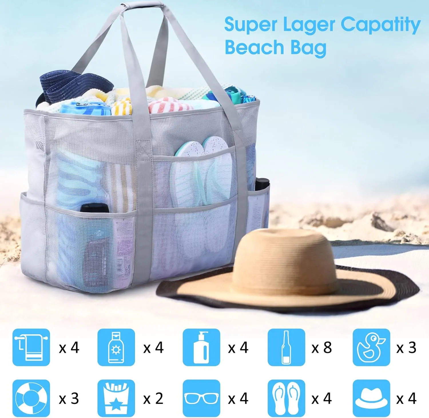 oscaurt Mesh Beach Bag Extra Large Waterproof Sandproof Beach Tote Pool Swim Bag Travel Vacation Essentials