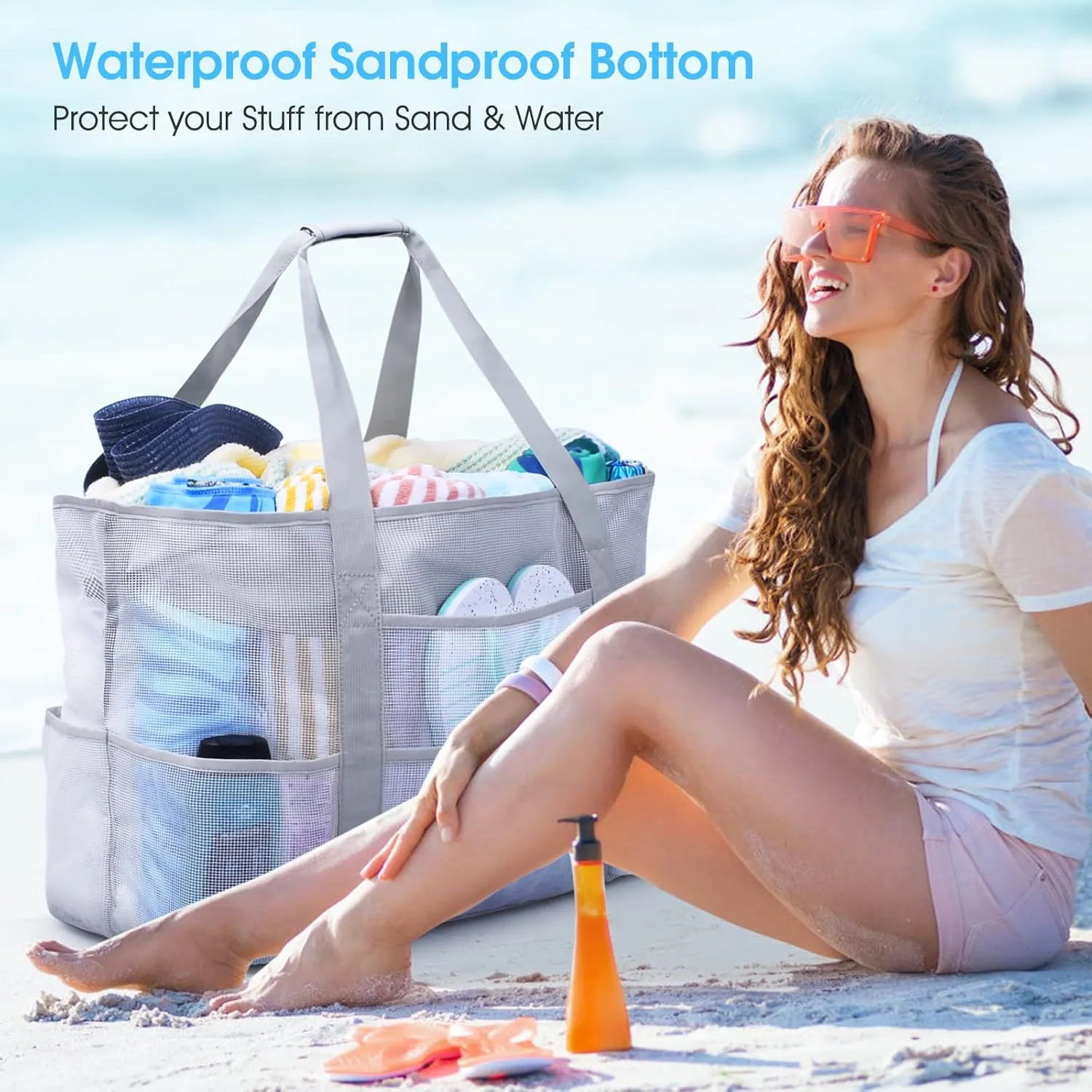 oscaurt Mesh Beach Bag Extra Large Waterproof Sandproof Beach Tote Pool Swim Bag Travel Vacation Essentials