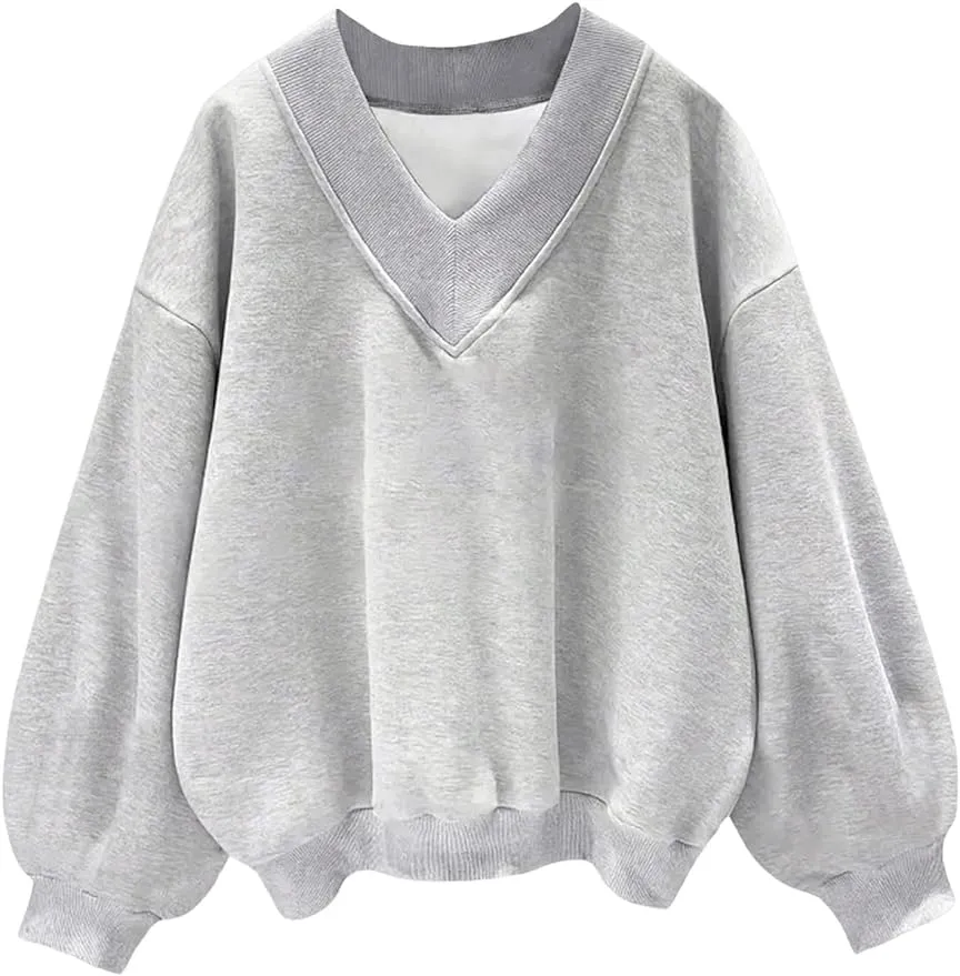 Oversized Sweatshirt for Women Drop Shoulder V-Neck Letter Graphic Pullover Long Sleeve Loose Fit Casual Top