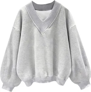 Oversized Sweatshirt for Women Drop Shoulder V-Neck Letter Graphic Pullover Long Sleeve Loose Fit Casual Top