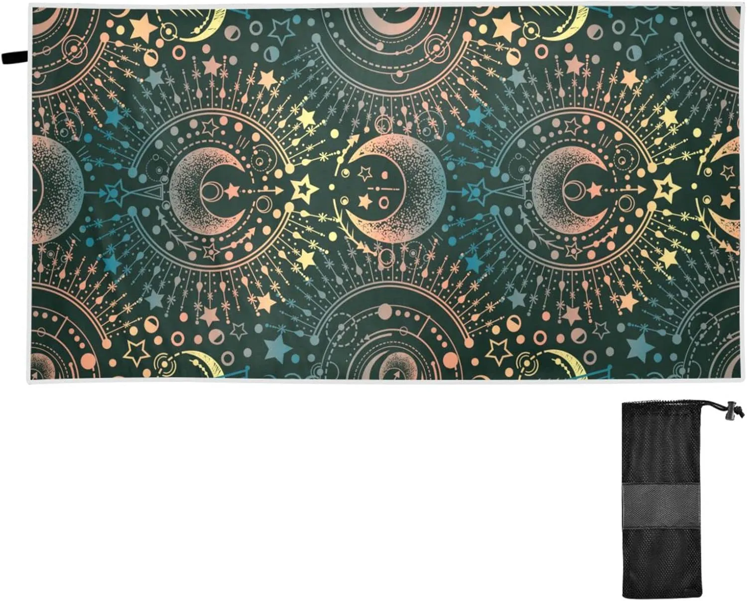 Oyihfvs Alchemy, Magical Astrology, Spirituality and Occultism on Black Quick Drying Beach Towel, Foldable Yoga Towel, Soft Sport Towel, Sweat Absorbent Towel with Storage Mesh Bag 30 x 60 inch (S)