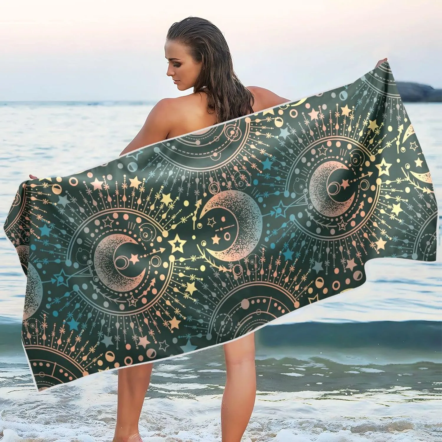 Oyihfvs Alchemy, Magical Astrology, Spirituality and Occultism on Black Quick Drying Beach Towel, Foldable Yoga Towel, Soft Sport Towel, Sweat Absorbent Towel with Storage Mesh Bag 30 x 60 inch (S)