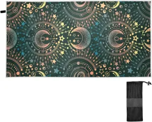 Oyihfvs Alchemy, Magical Astrology, Spirituality and Occultism on Black Quick Drying Beach Towel, Foldable Yoga Towel, Soft Sport Towel, Sweat Absorbent Towel with Storage Mesh Bag 30 x 60 inch (S)