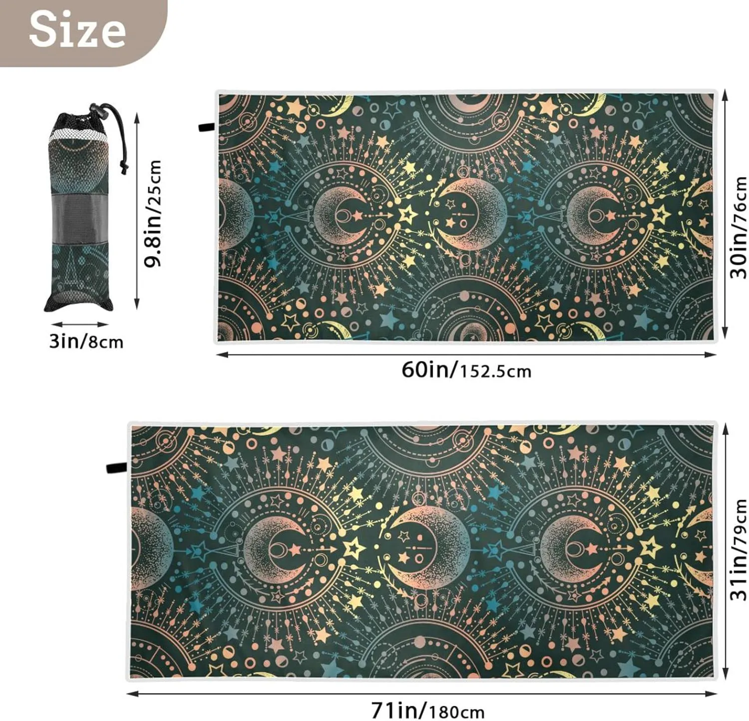 Oyihfvs Alchemy, Magical Astrology, Spirituality and Occultism on Black Quick Drying Beach Towel, Foldable Yoga Towel, Soft Sport Towel, Sweat Absorbent Towel with Storage Mesh Bag 30 x 60 inch (S)