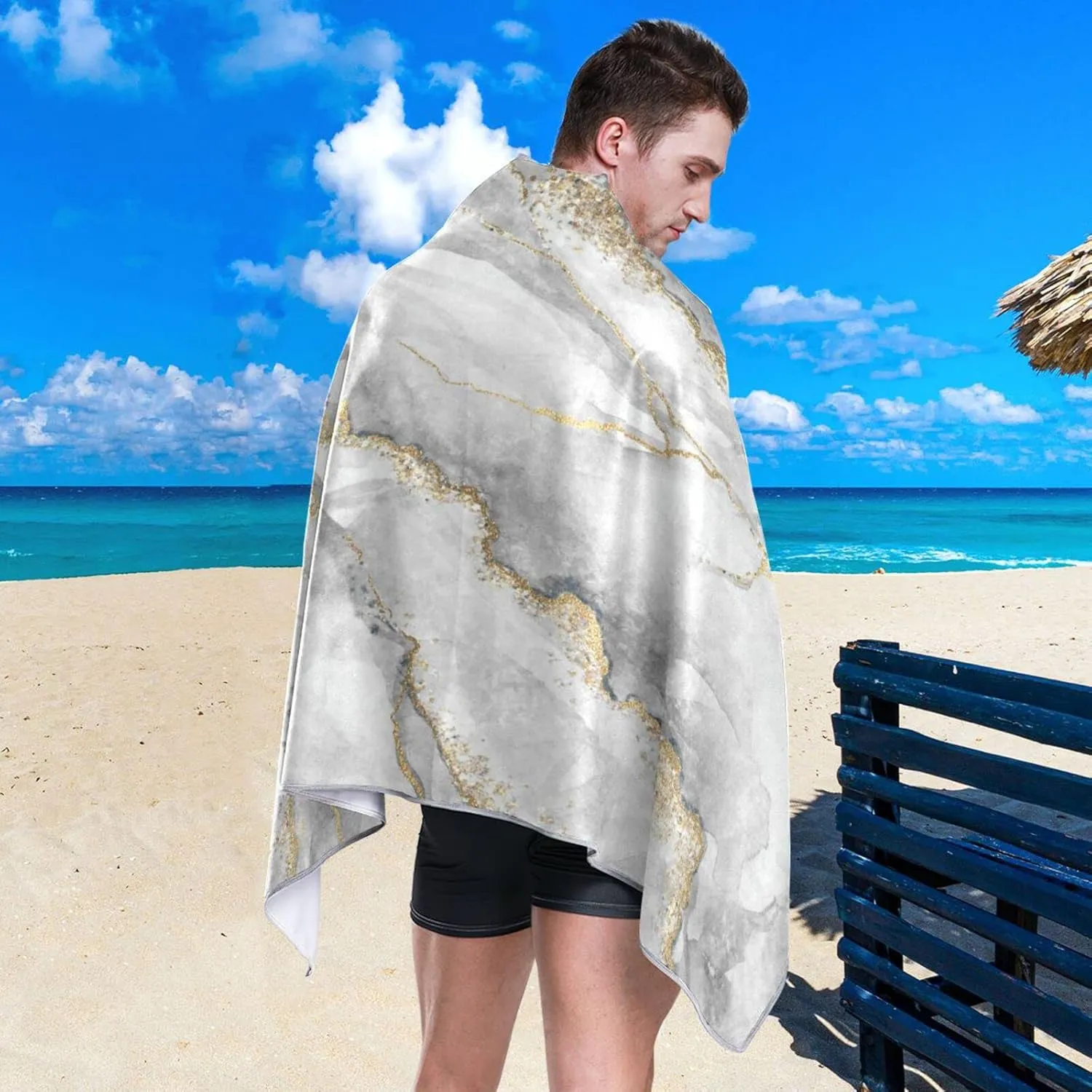 Oyihfvs White Grey Marble with Gold Veins Powder Agate Ripples Quick Drying Beach Towel, Foldable Yoga Towel, Soft Sport Towel, Sweat Absorbent Towel with Storage Mesh Bag 31 x 71 inch (M)
