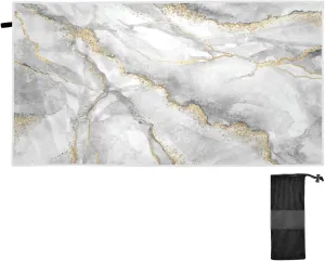 Oyihfvs White Grey Marble with Gold Veins Powder Agate Ripples Quick Drying Beach Towel, Foldable Yoga Towel, Soft Sport Towel, Sweat Absorbent Towel with Storage Mesh Bag 31 x 71 inch (M)