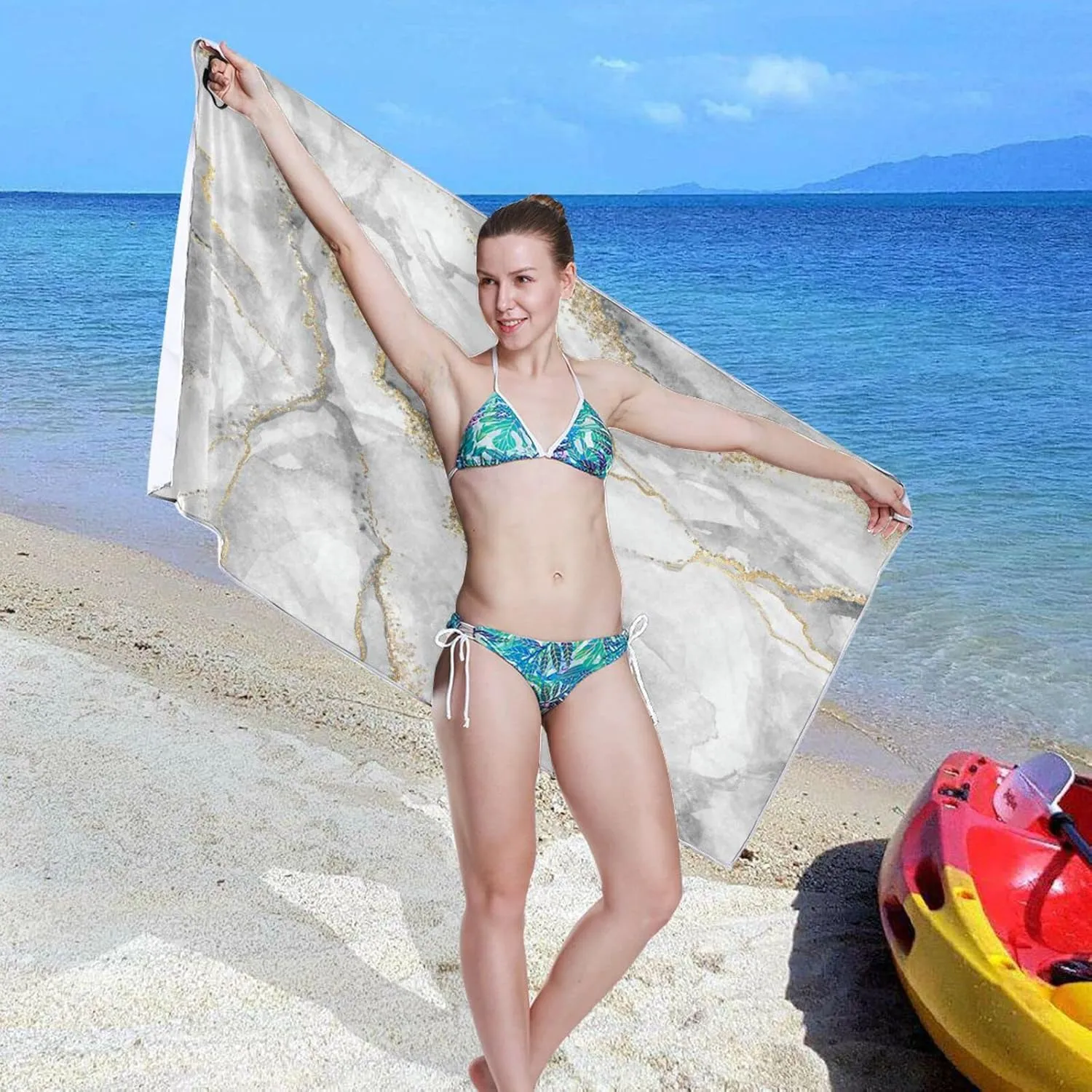 Oyihfvs White Grey Marble with Gold Veins Powder Agate Ripples Quick Drying Beach Towel, Foldable Yoga Towel, Soft Sport Towel, Sweat Absorbent Towel with Storage Mesh Bag 31 x 71 inch (M)