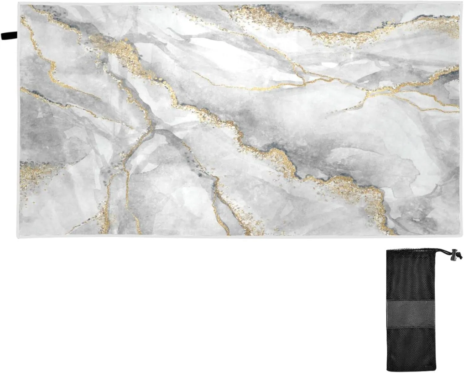 Oyihfvs White Grey Marble with Gold Veins Powder Agate Ripples Quick Drying Beach Towel, Foldable Yoga Towel, Soft Sport Towel, Sweat Absorbent Towel with Storage Mesh Bag 31 x 71 inch (M)